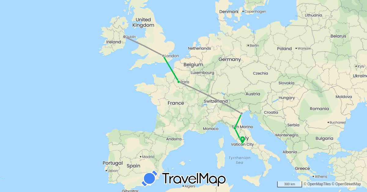 TravelMap itinerary: bus, plane in France, United Kingdom, Ireland, Italy (Europe)